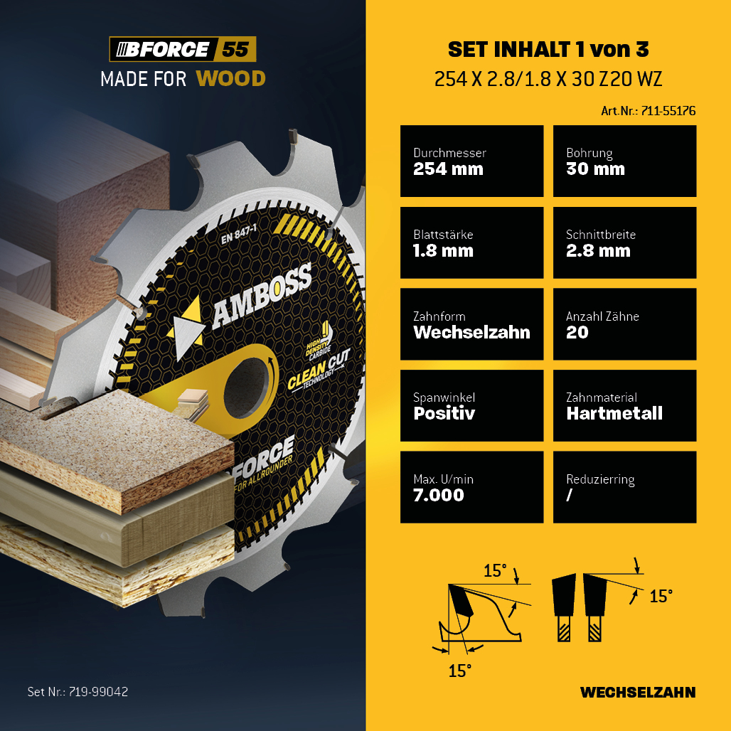 Ø254 Tisch- Kreissägeblatt Set passend für Bosch GTS 10, PTS 10, PTS 100 T, Festool TKS80, Scheppach HS105, Metabo TK250, TS254