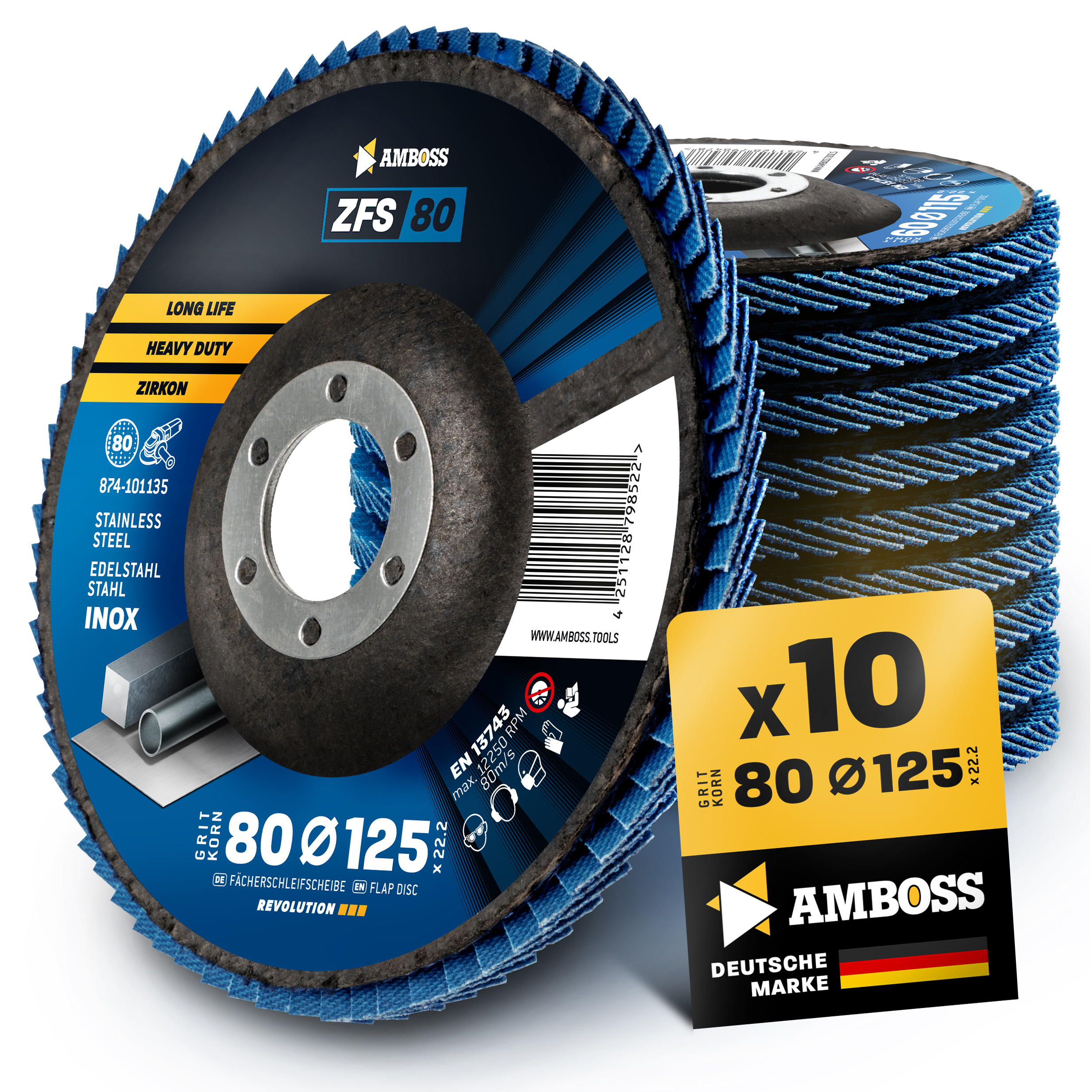 10x Amboss ZFS Fächerschleifscheibe Korn:80 Ø125mm