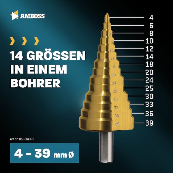 AMBOSS Stufenbohrer HSS-G D:4-6-8-10-12-14-18-20-24-25-30-33-36-39mm