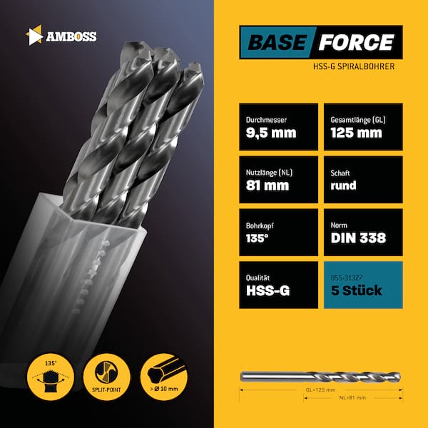 5 x HSS G BASE Force Metallbohrer DIN 338 - Ø:9.5 mm