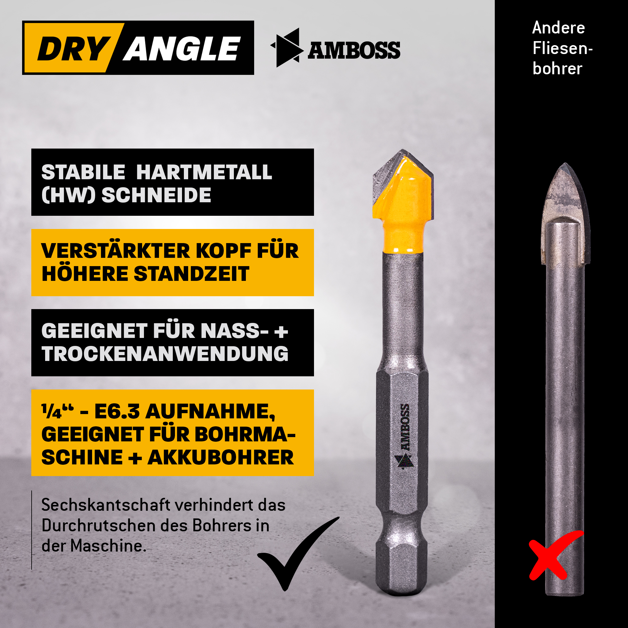 Amboss Dry Angle HM Fliesen- und Glasbohrer - Ø 5 mm - GL: 51 mm
