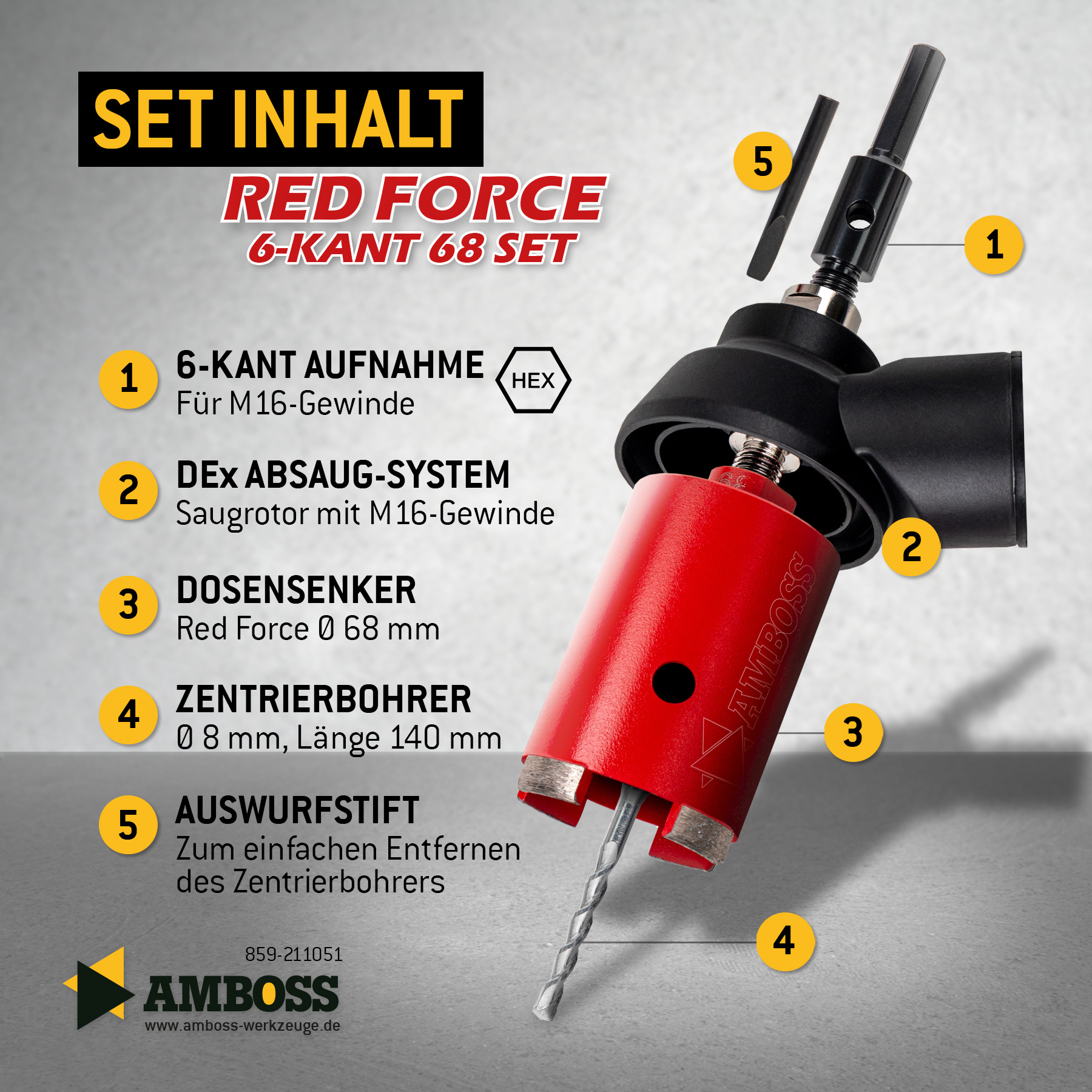 Dosensenker Red Force - 68 mm - 6-kant Set mit Absaugung