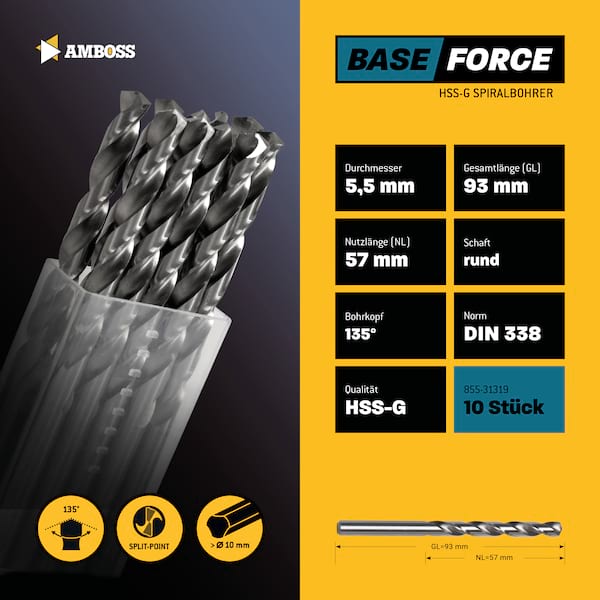 10 x HSS G BASE Force Metallbohrer DIN 338 - Ø:5.5 mm