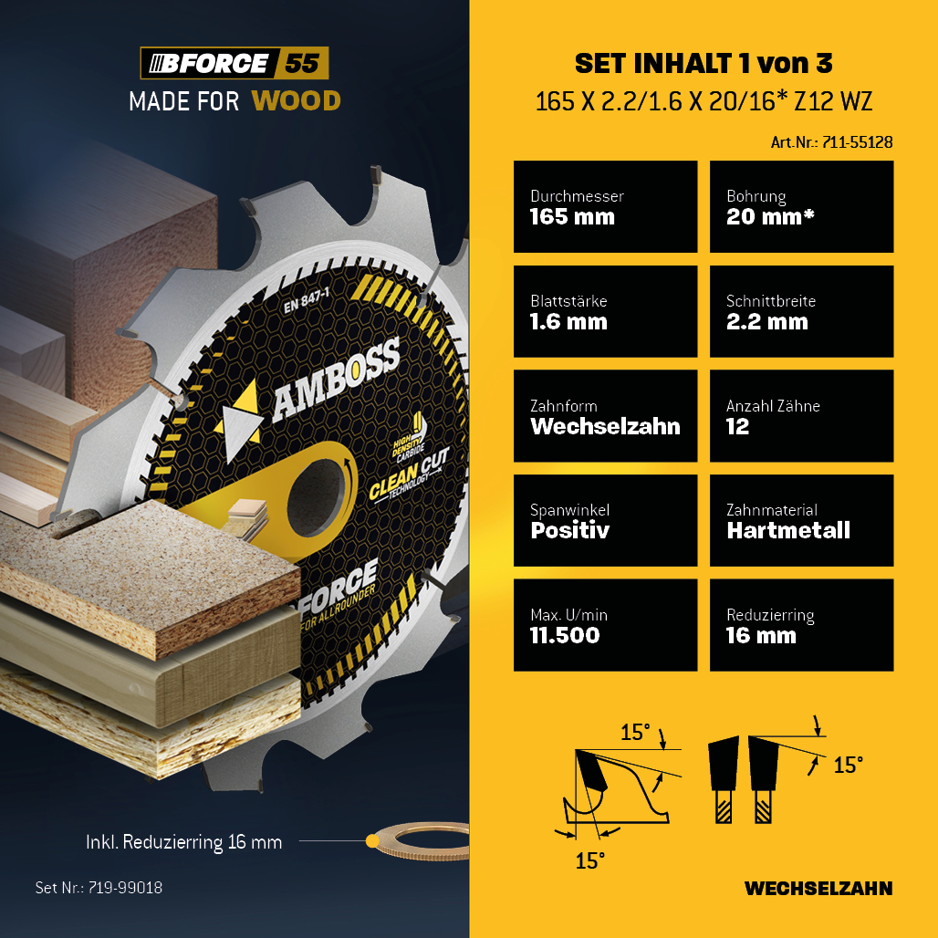 Ø165 x 20 Hand- Kreissägeblatt Set passend für Bosch GKS 165 GKS 55. Makita DHS630Z - AMBOSS WERKZEUGE® 165x20 Sägeblatt Sortiment