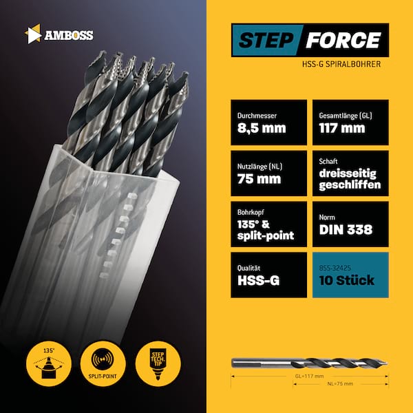 10 x HSS G STEP Force Metallbohrer DIN 338 - Ø:8.5 mm
