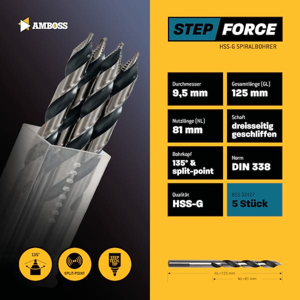5 x HSS G STEP Force Metallbohrer DIN 338 - Ø:9.5 mm