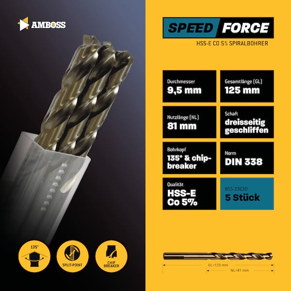 5 x HSS ECo SPEED Force Metallbohrer DIN 338 - Ø:9.5 mm