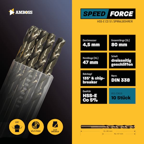 10 x HSS ECo SPEED Force Metallbohrer DIN 338 - Ø:4.5 mm