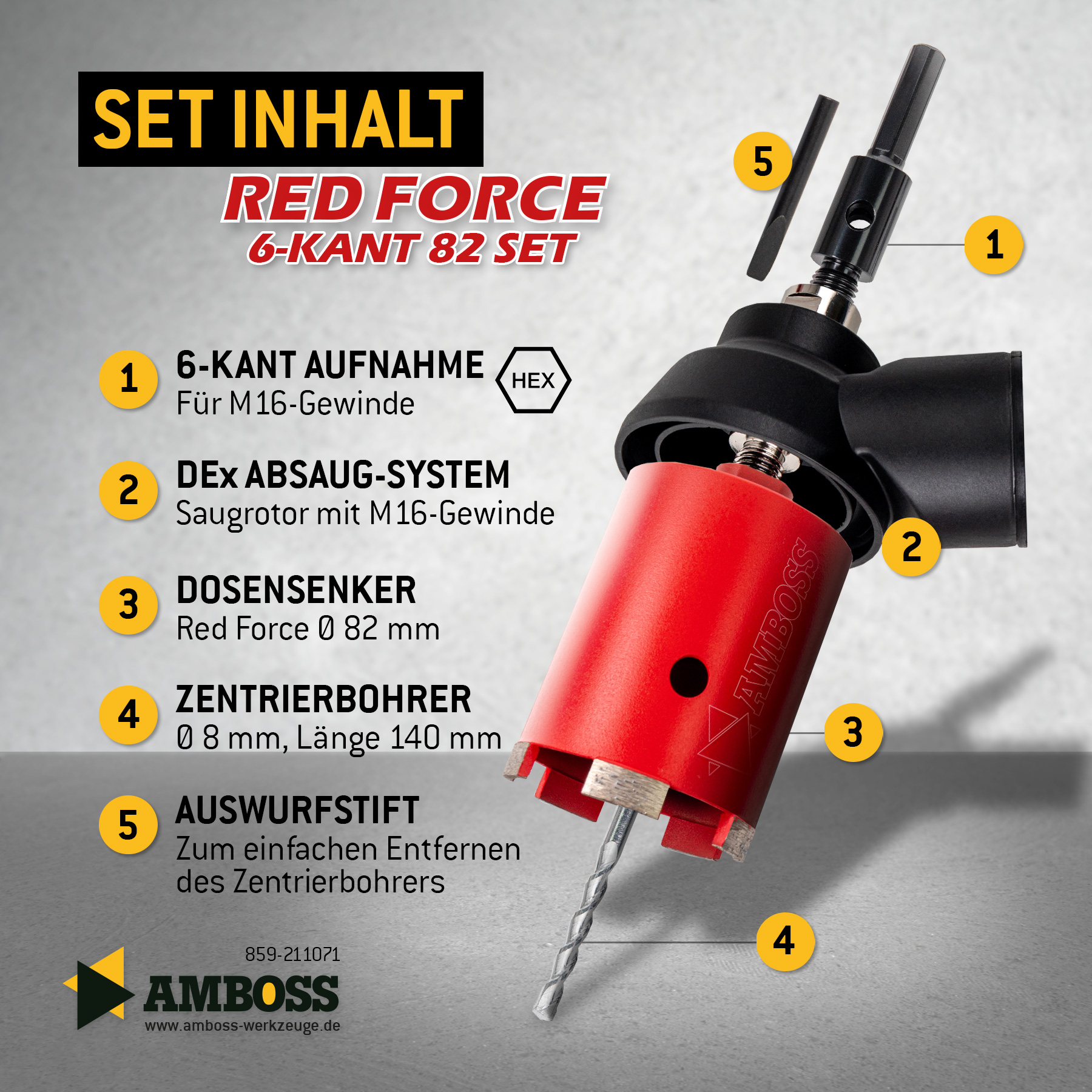 Dosensenker Red Force - 82 mm - 6-kant Set mit Absaugung