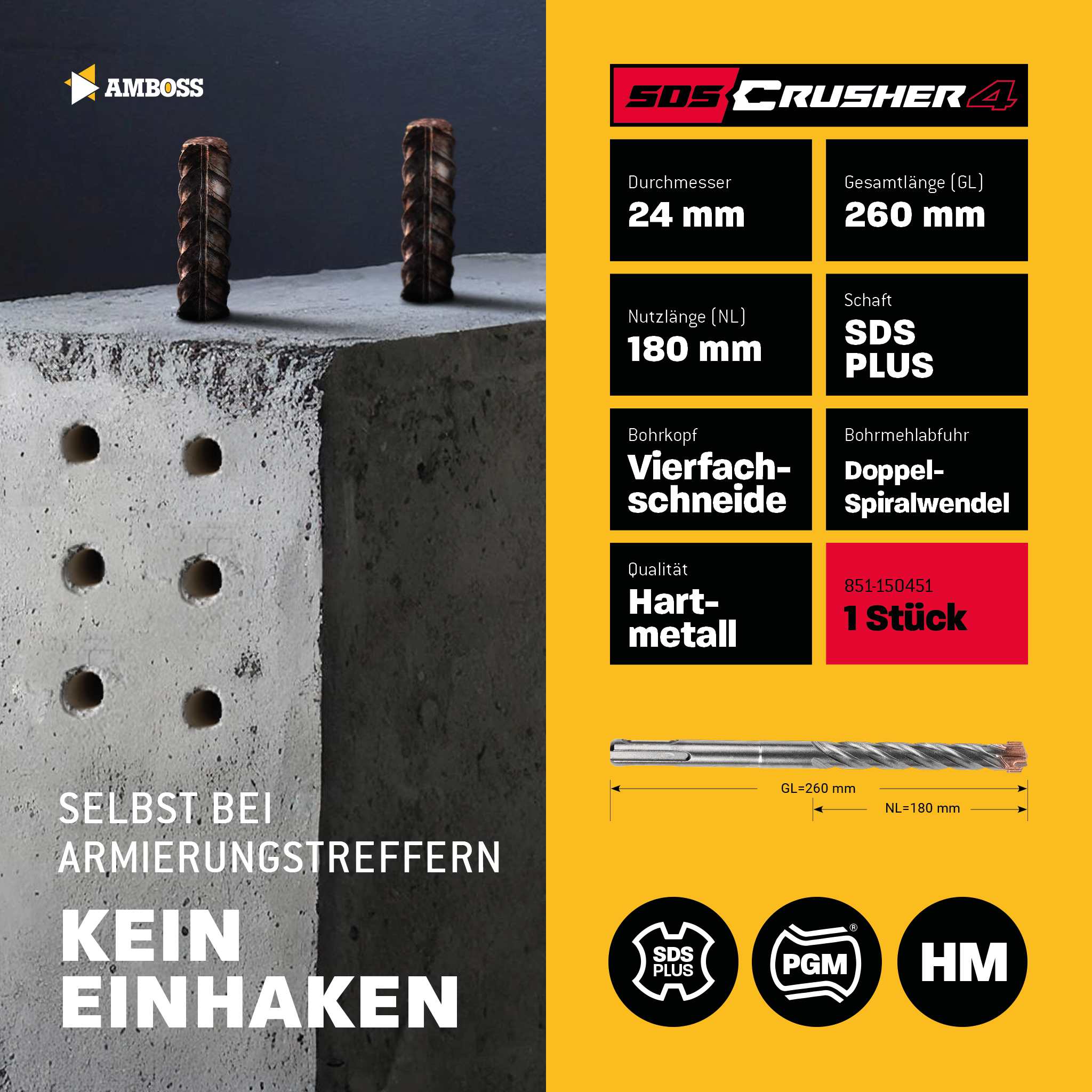 1x Bohrer SDS Plus Schaft - Ø:24 mm - GL: 260 mm