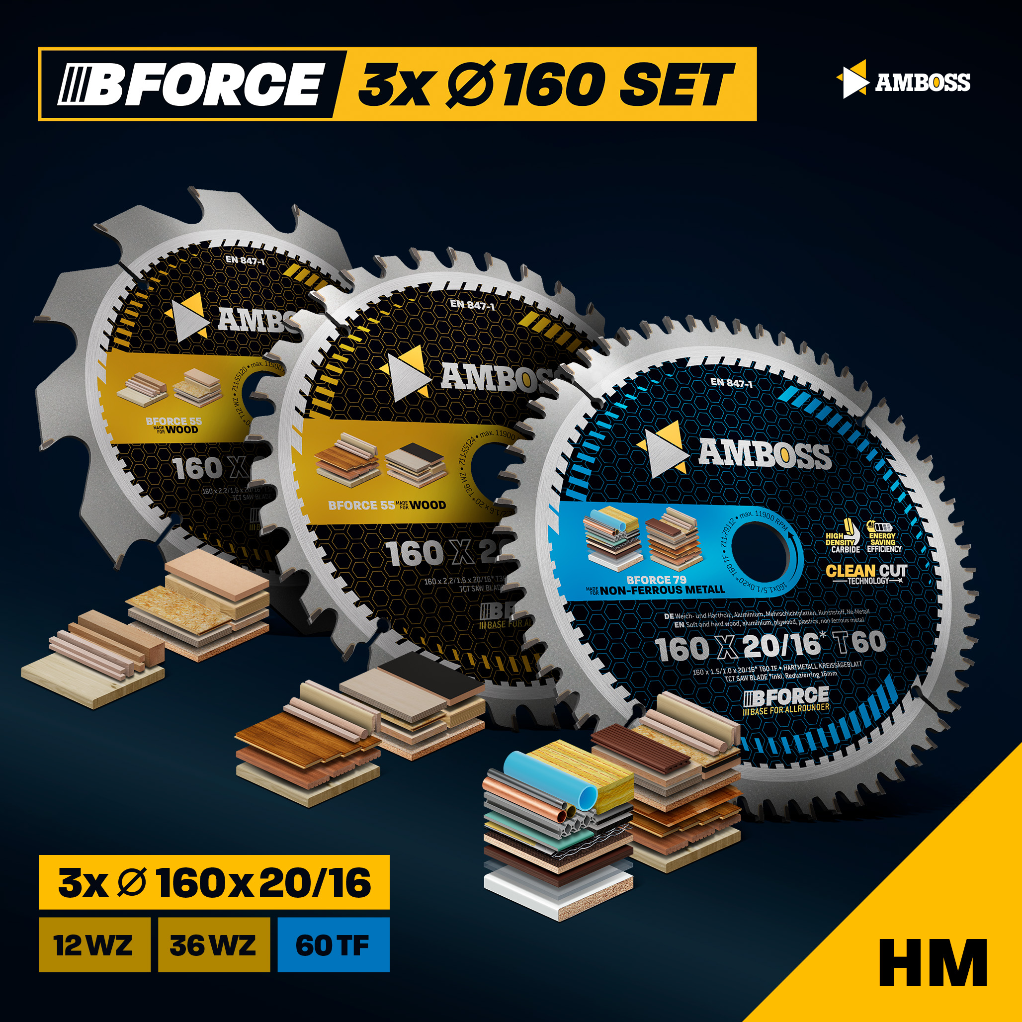Ø160 Hand- Kreissägeblatt Set passend für Bosch PKS 55 A, Festool HKC 55 EB, Metabo KS 55